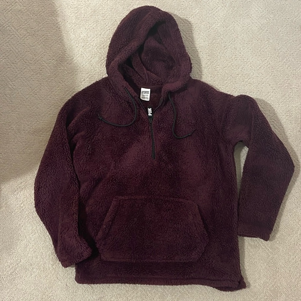 Victoria’s Secret PINK Sherpa Hoodie. Dark Purple. Size Small. Roomy Fit.